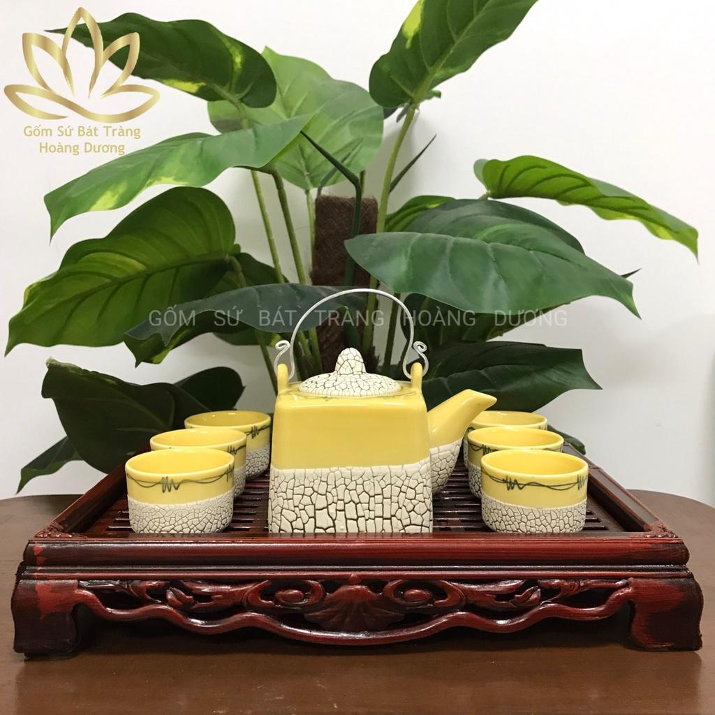Bộ ẤM CHÉN TRÀ men rạn Bát Tràng dáng vuông vàng kèm khay