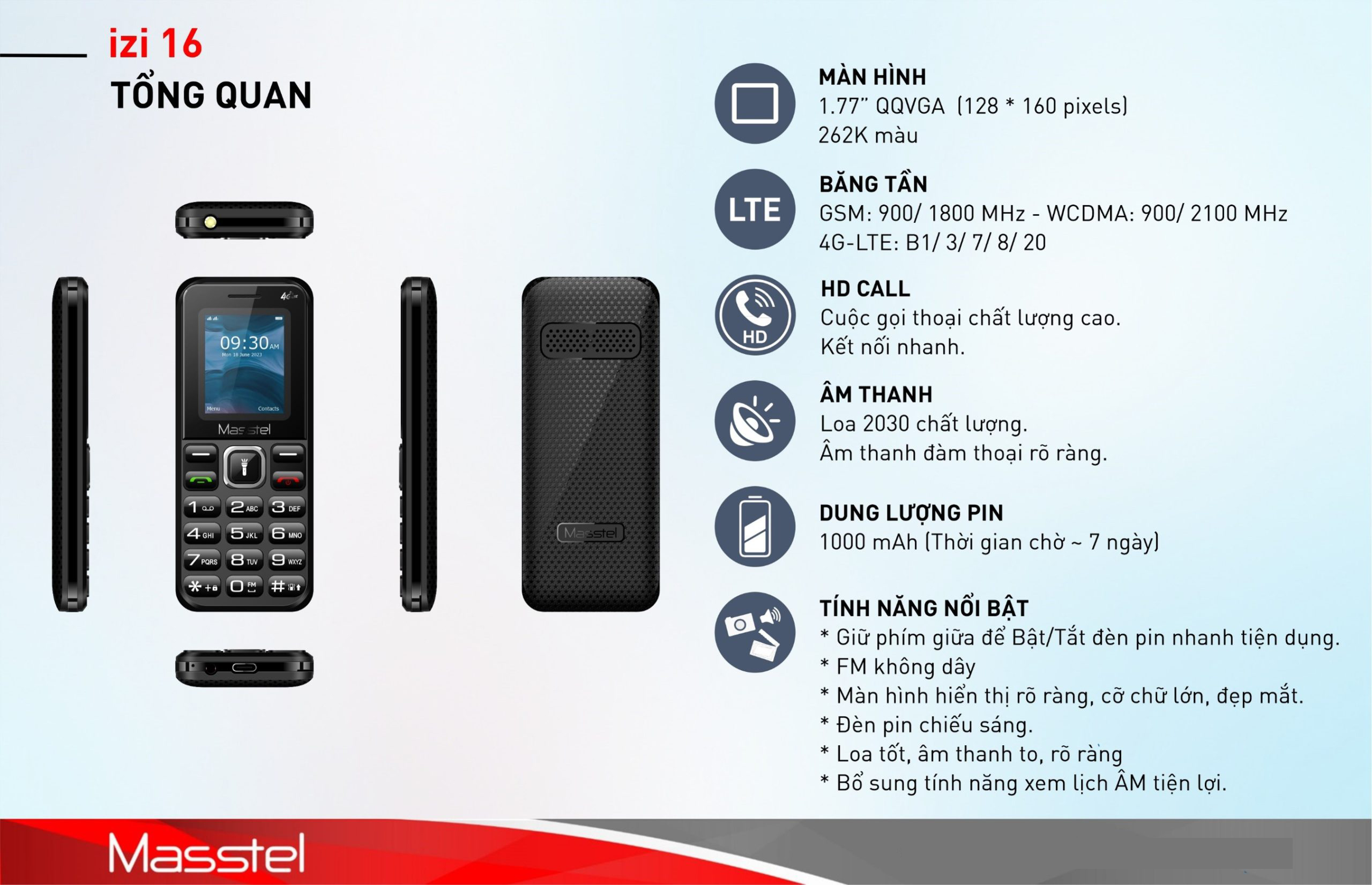 Điện thoại Masstel izi 16 4G(LTE) , Bàn phím nổi, FM không dây - Hàng chính hãng