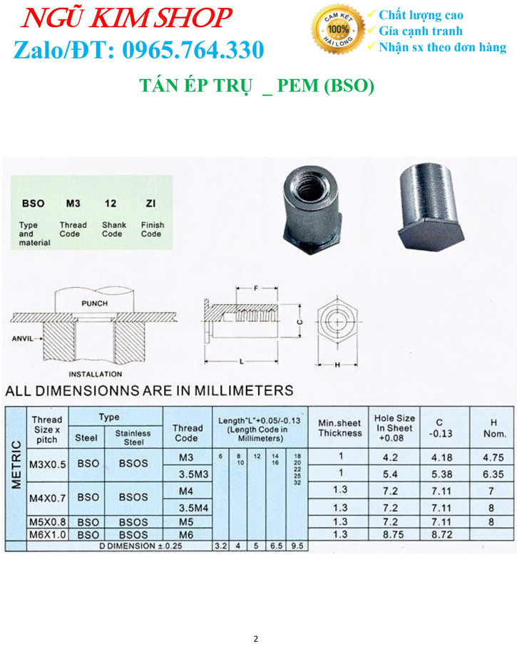 TÁN ÉP TRỤ _ PEM (BSO) M3 x L