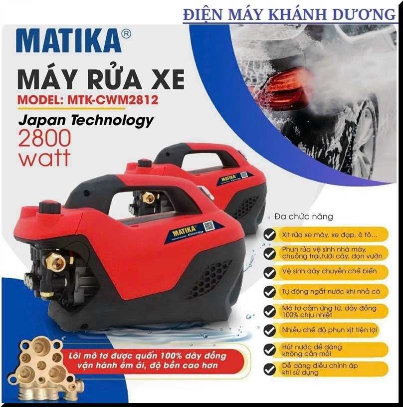 Máy Rửa Xe Công Nghiệp Nhật Bản - Máy Rửa Xe MATIKA MTK-CWM2812 Công Suất 2800w, Áp Lực Nước 80 – 200bar, Lưu Lượng Nước 9 Lít/ Phút, Sản Phẩm Đa Chức Năng Như Rửa Xe, Xịt Sân Vườn, Nhà Cửa, Máy Móc Hay Phun Tưới Cây