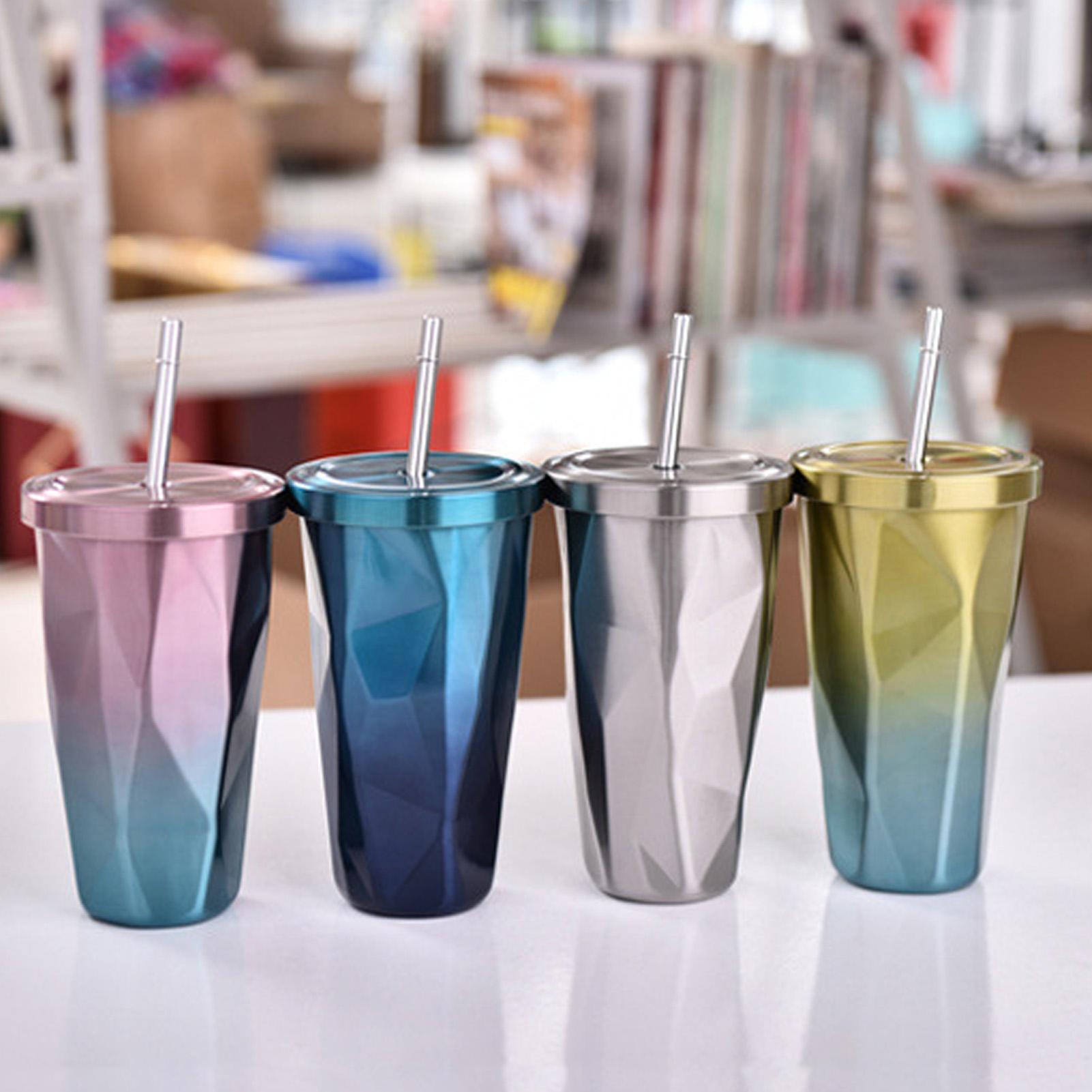 Cốc Nước Thời Trang 500Ml Bằng Thép Không Gỉ Di Động Có Nắp Và Ống Hút