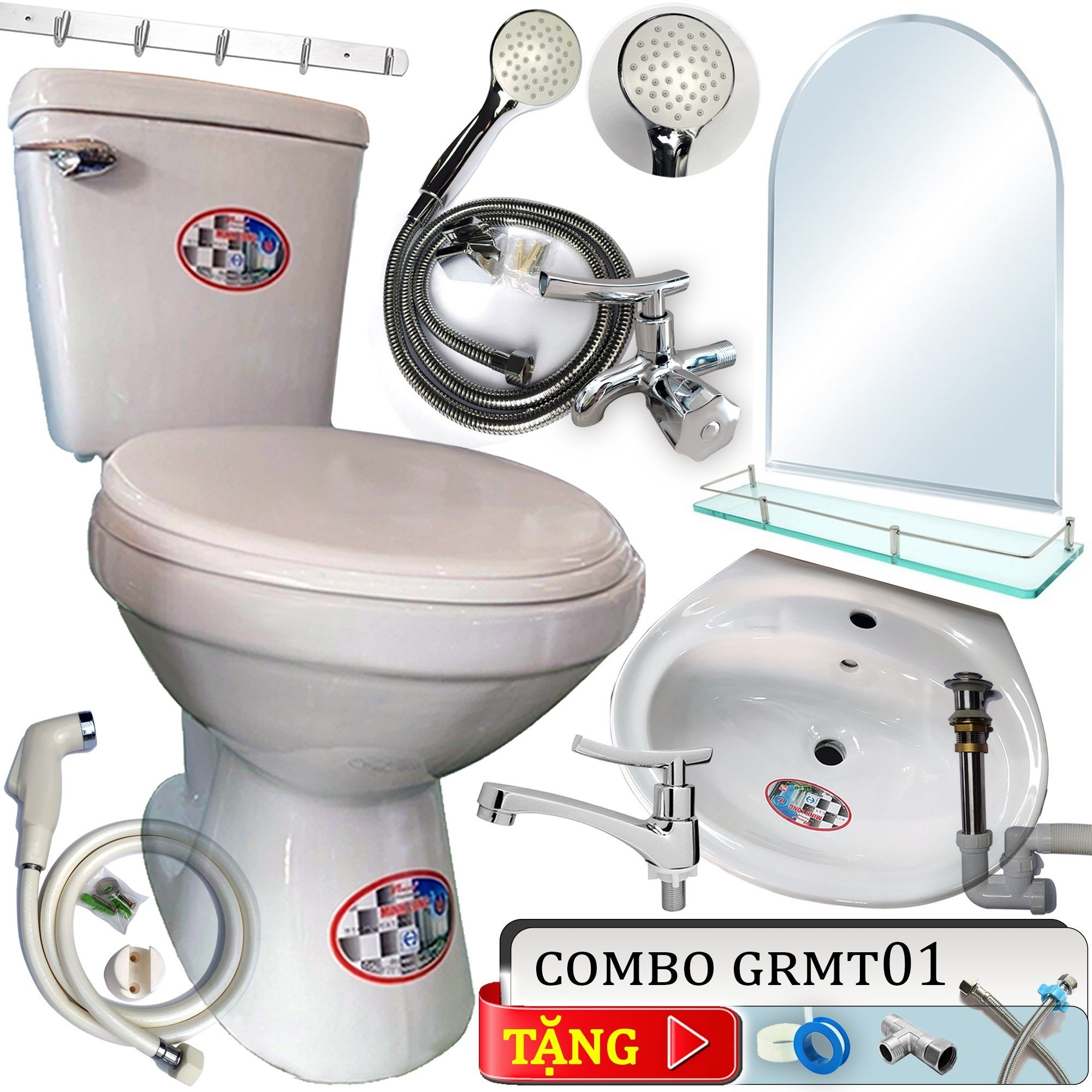 Combo thiết bị nhà tắm GRMT01: Bồn cầu 2 khối tay gạt- Lavabo treo tường- Sen tắm lạnh tăng áp kèm bộ phụ kiện phòng tắm như hình