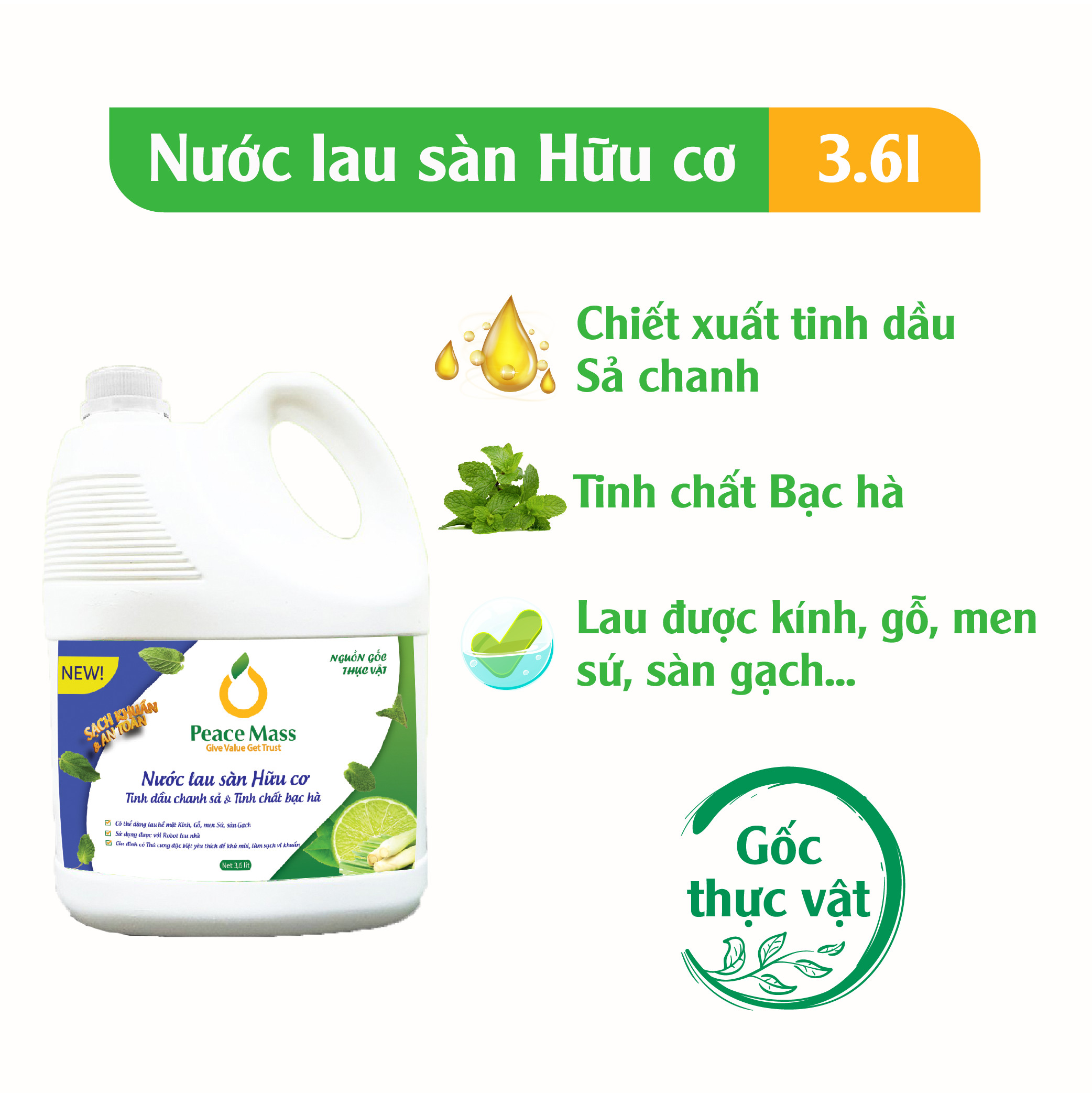 Nước Lau Sàn Gốc Thực Vật Peace Mass TD Chanh Sả - Bạc Hà Đuổi Muỗi và Côn Trùng (Thuộc nhóm Sản phẩm Lành tính / Hữu cơ) Can 3.6 lít