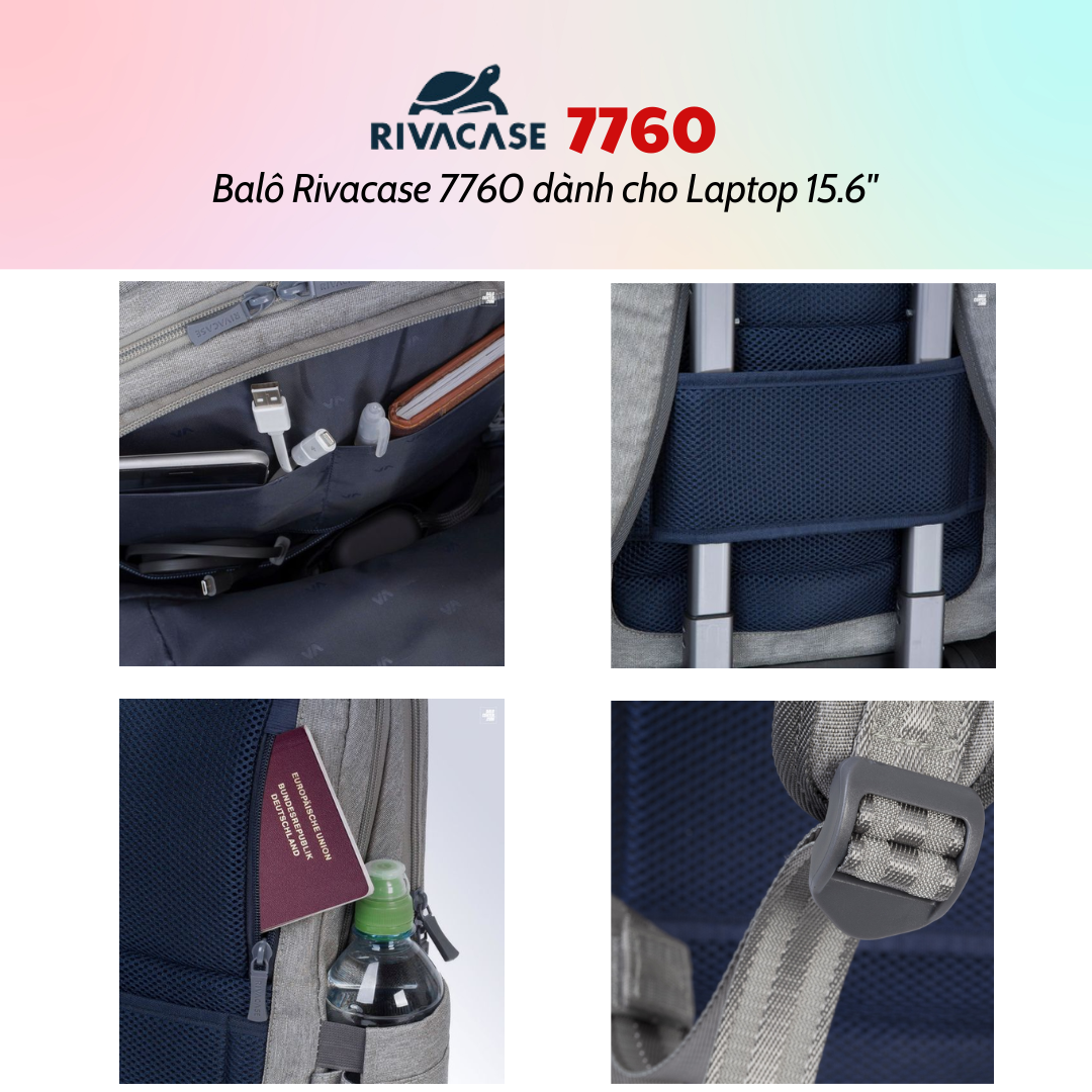 Balô Rivacase 7760 Để Vừa Laptop 15.6&quot; - Bảo Hành 24 Tháng - Hàng Chính Hãng