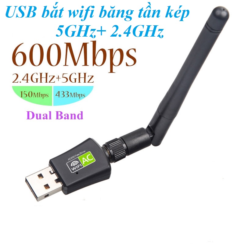 USB bắt Wifi không dây băng tần kép 5GHz 2.4GHz 600Mbps cho máy tính/laptop