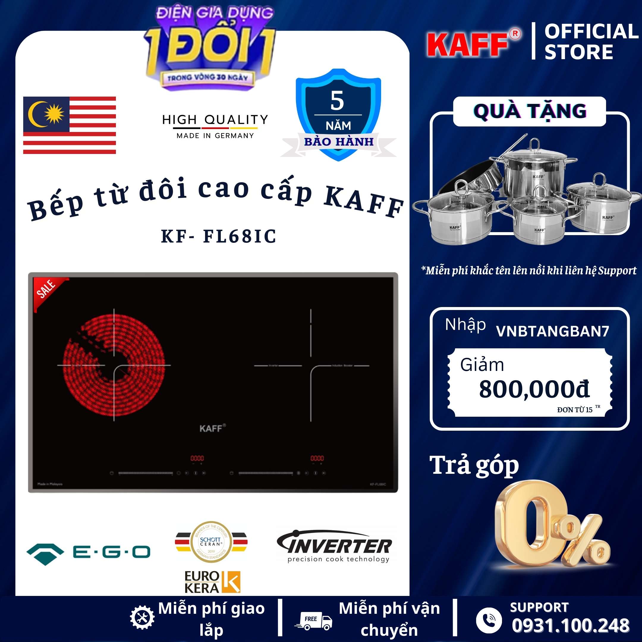 Bếp âm từ hồng ngoại đôi nhập khẩu Malaysia KAFF KF-FL68IC - Hàng chính hãng