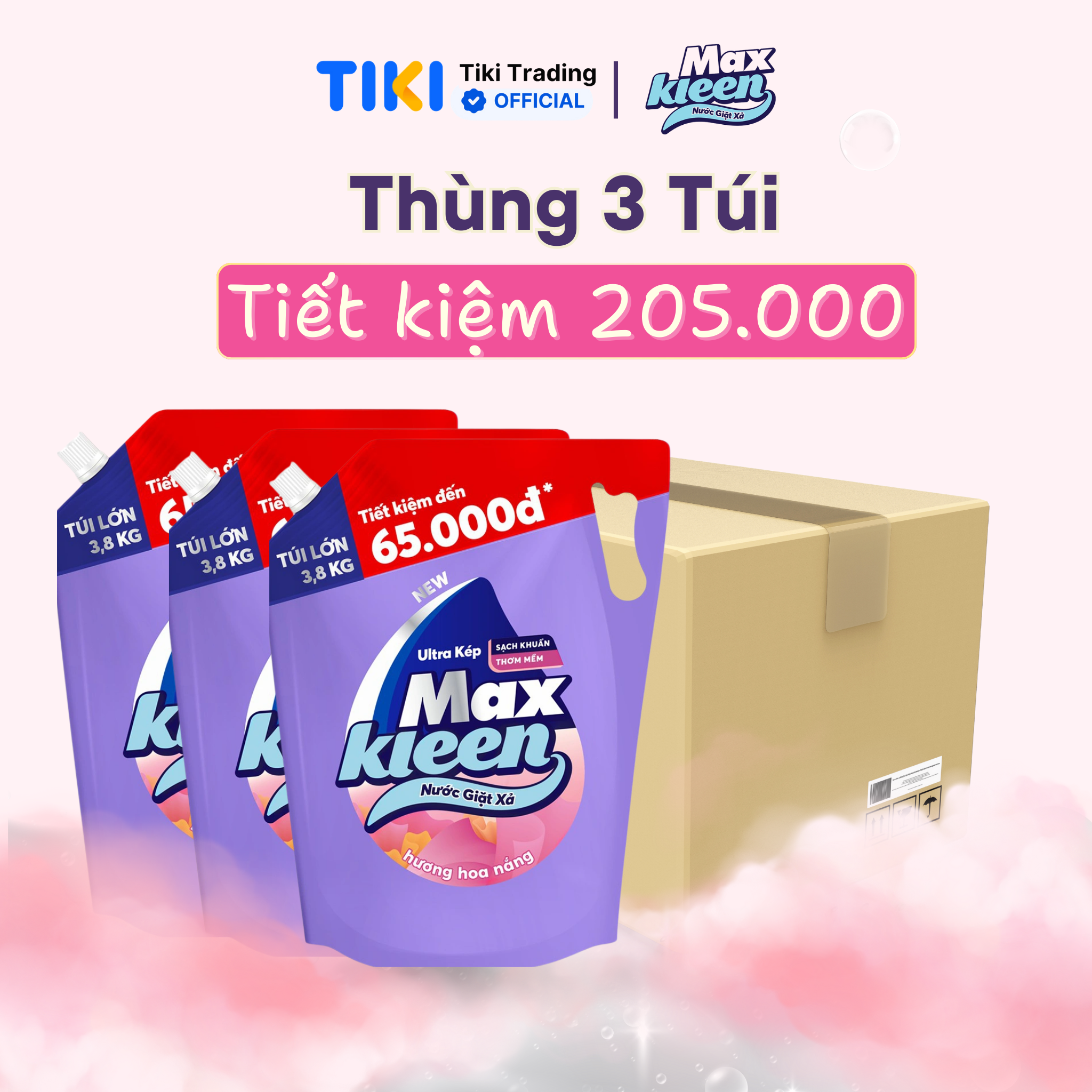 Thùng 3 Túi Nước Giặt Xả MaxKleen Hương Hoa Nắng (3.8kgx3)