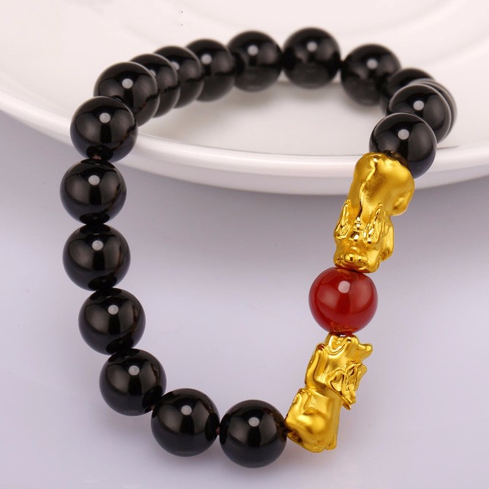 Vòng Tay Đá Opal Đen Tỳ Hưu Bạc Mạ Vàng 9MM