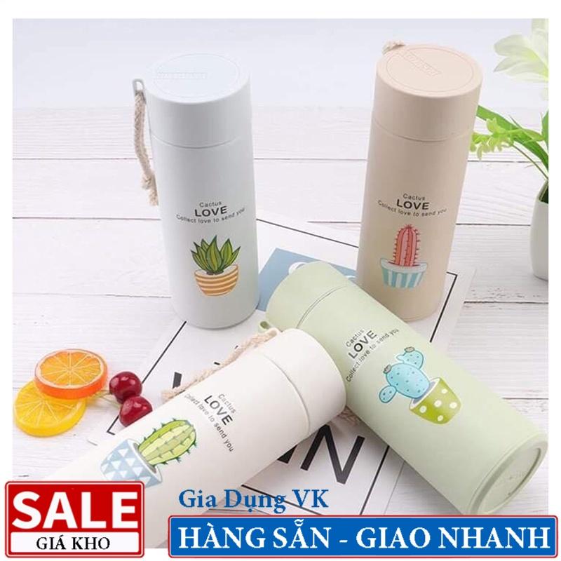 Bình Đựng Nước Lõi Thủy Tinh Họa Tiết Xương Rồng Dễ Thương Dung Tích 400ml