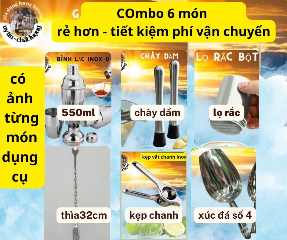 Combo bộ dụng cụ pha chế 6 món inox 100%