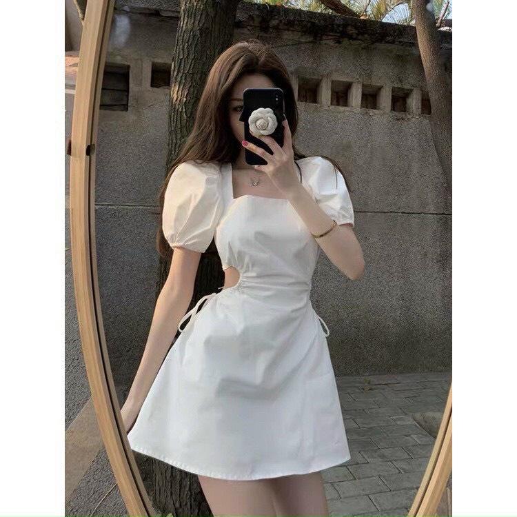 Váy đầm nữ mini dáng xòe cổ vuông tay bồng hở eo màu xanh