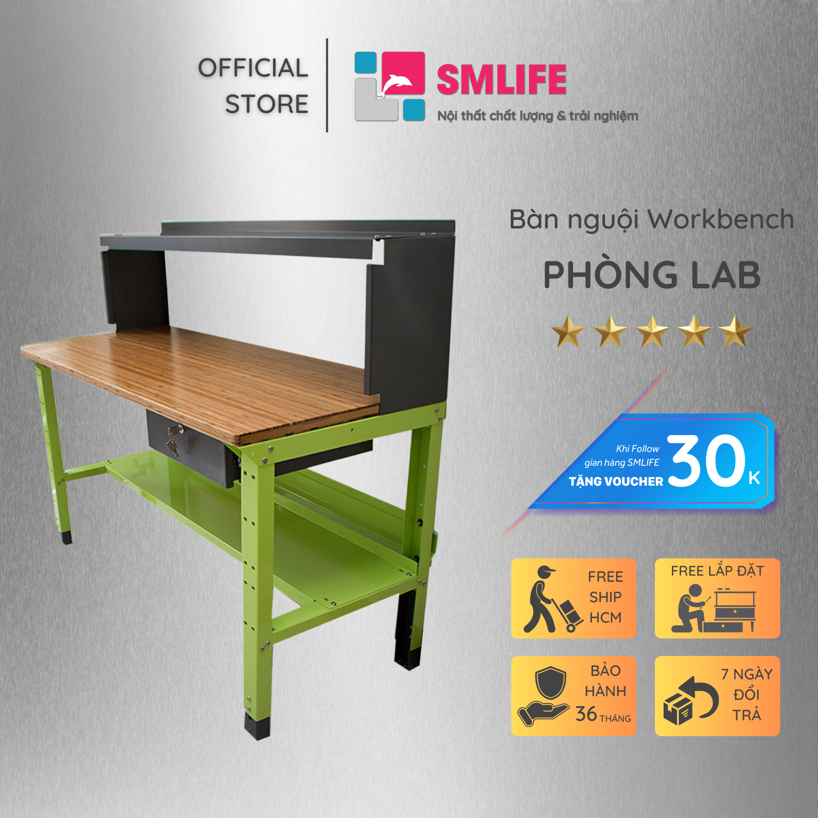 Bàn nguội thao tác cơ khí Workbench mặt bàn tre phòng Lab WB-lab