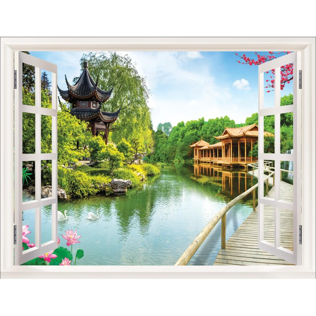 Tranh dán tường 3D cửa sổ - tranh dán tường cửa sổ phong cảnh- vải lụa phủ kim sa