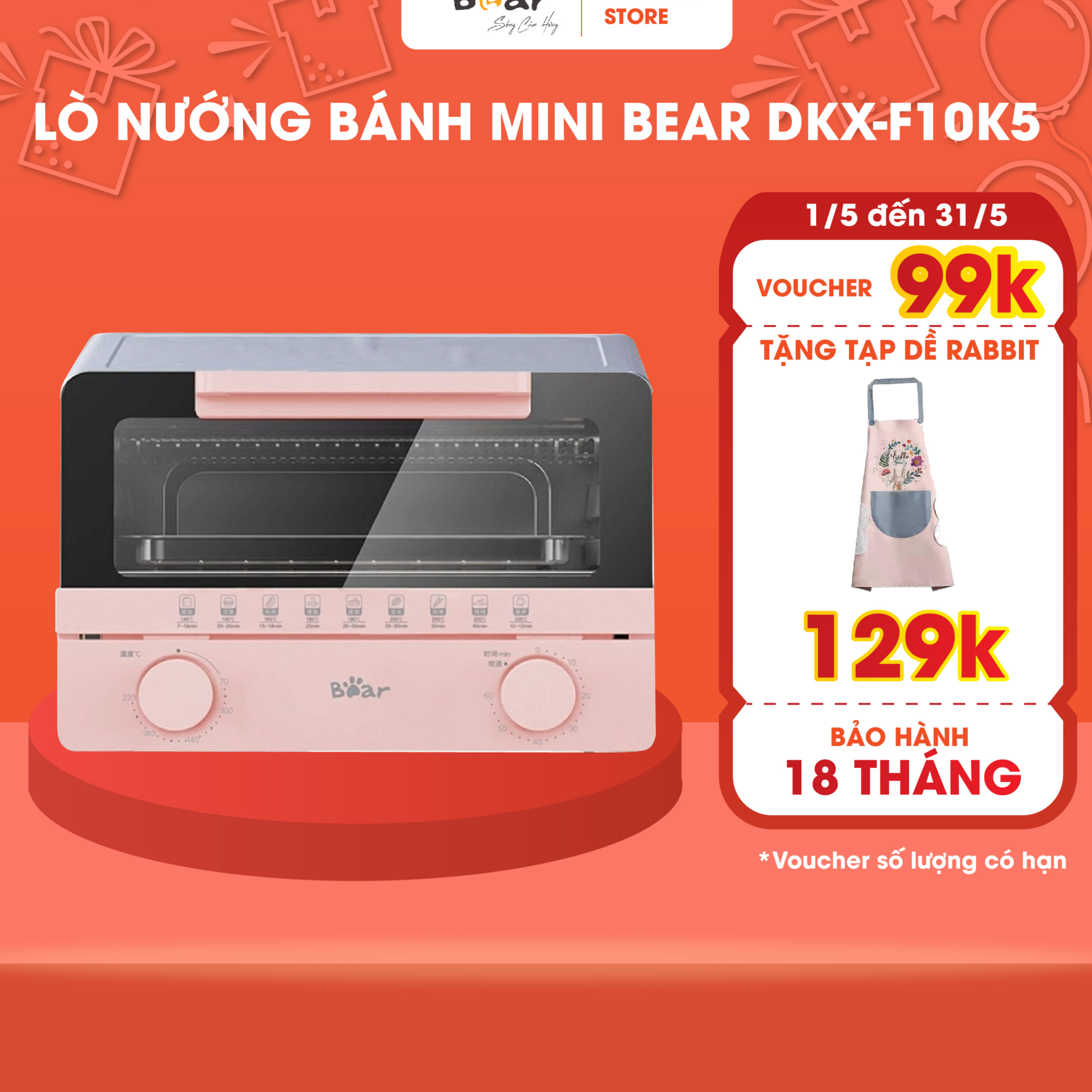 Lò Nướng Bánh Mini Bear Dung Tích 10L Thiết Kế Nhỏ Gọn Đa Năng DKX-F10K5 - Hàng Chính Hãng