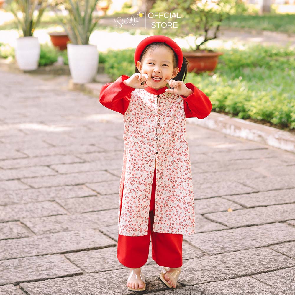 [Tặng Kèm Mấn] Áo Dài Tết Cách Tân Cho Bé Gái Hoạ Tiết Hoa Nhí  - Áo Dài &quot;Ý&quot; -  AD003 - SAOLA KIDS CLOTHING