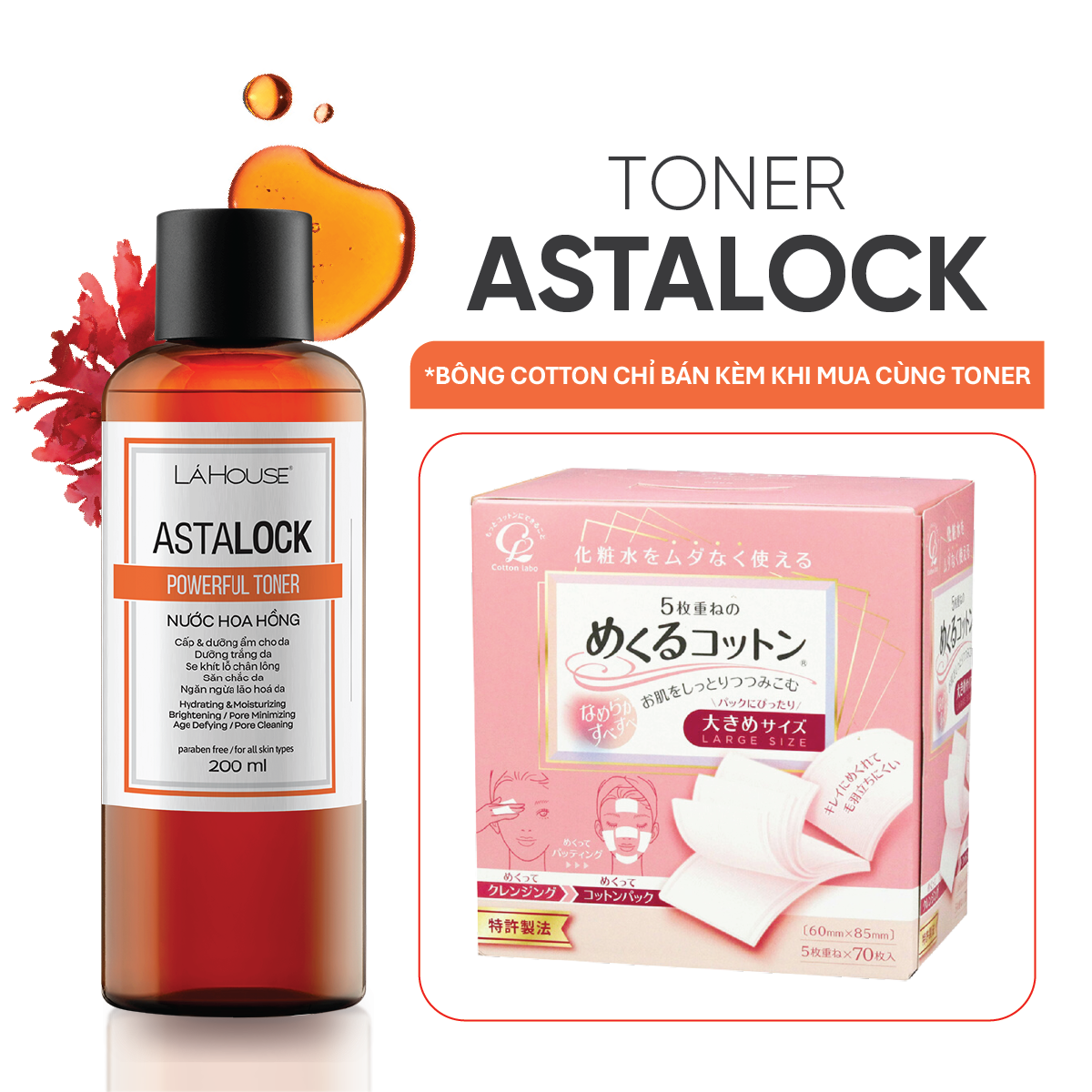 Bộ Sản Phẩm Dưỡng Da Lá House Gồm Toner Astalock, Bông Tẩy Trang
