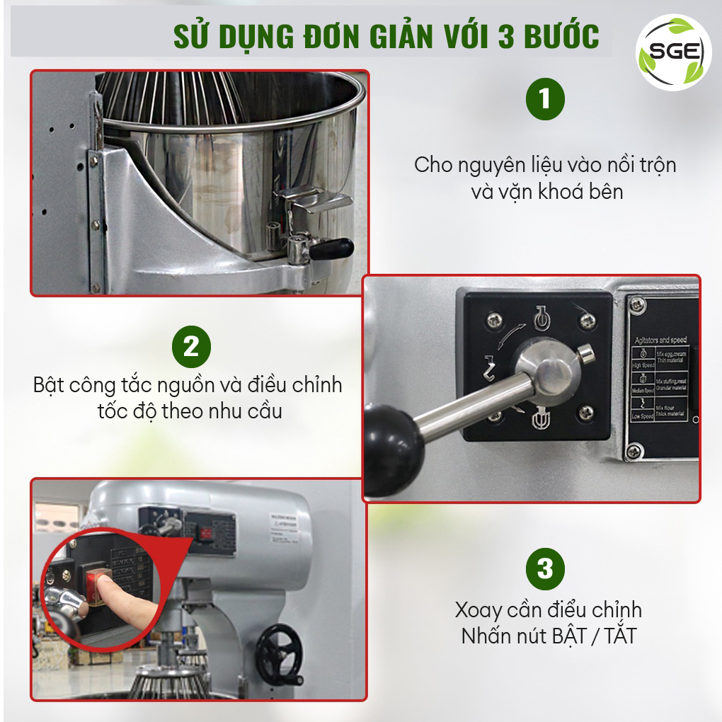 Máy trộn thực phẩm, máy đánh trứng, máy nhào bột EM15 (loại 15L). Máy dùng cho hộ kinh doanh, gia đình, sản xuất công nghiệp. Hàng chính hãng SGE Thailand.