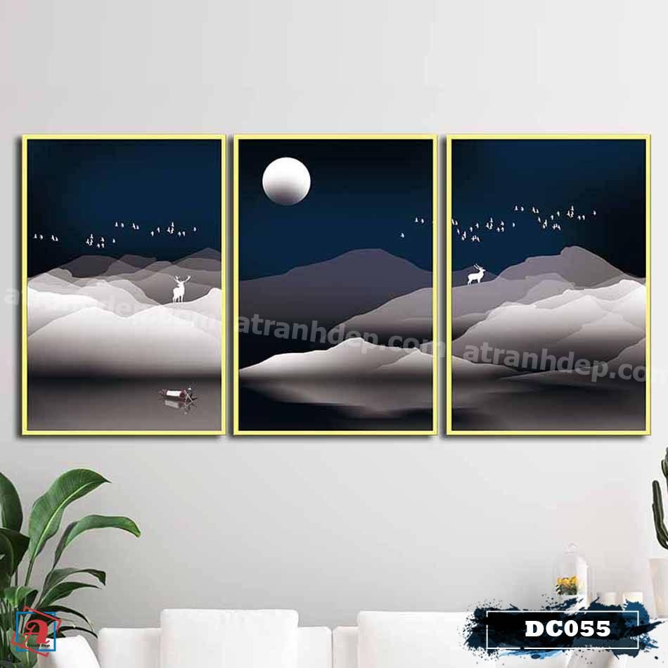 Bộ 3 tranh canvas treo tường Decor họa tiết cách điệu hươu và rừng cây, phong cách đơn giản, tinh tế – DC055