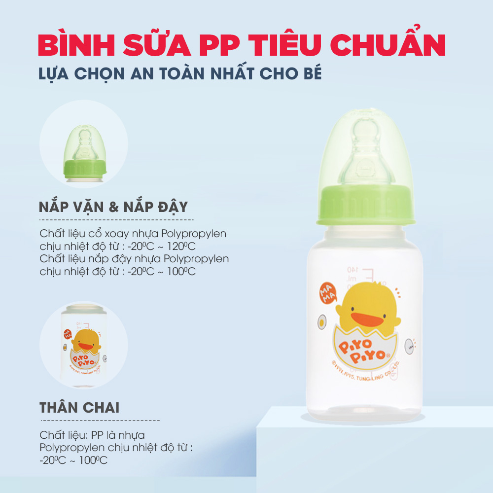 Bình sữa cổ tiêu chuẩn Piyo Piyo 150ml thân bình thẳng có thước đo, nhựa PP không chứa BPA