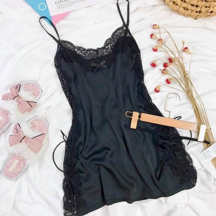 Váy ngủ sexy đan dây hông đầm ngủ lụa phối ren gợi cảm với màu đỏ đô quyến rũ