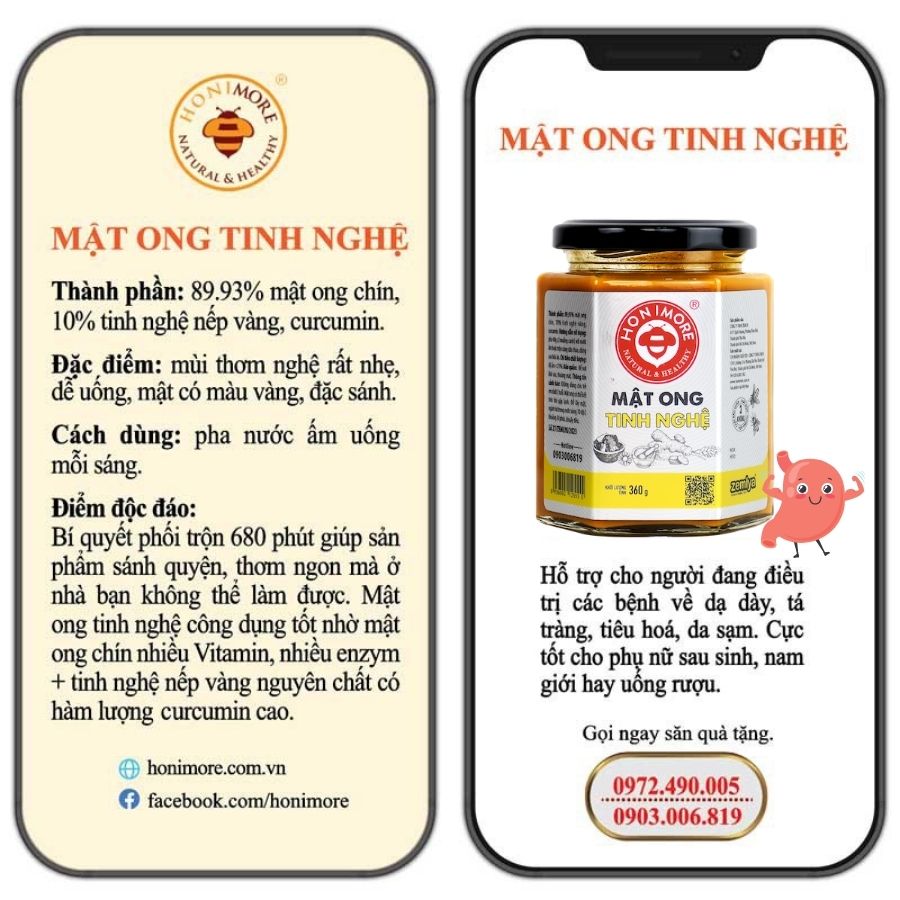 Combo mật ong tinh bột nghệ Honimore 360g và mật ong rừng nguyên chất 360g - Giúp hỗ trợ cải thiện đau dạ dày, chăm sóc da, tăng cường sức đề kháng