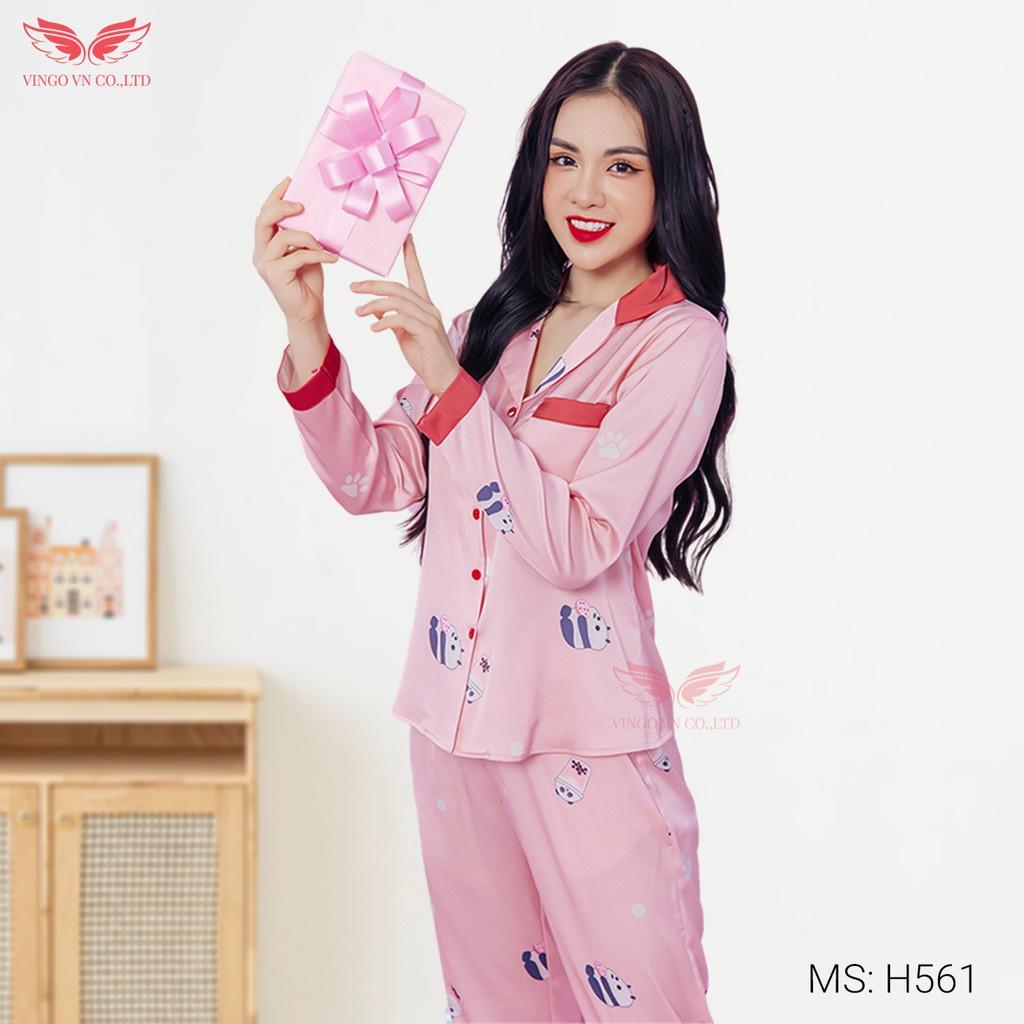 Đồ bộ nữ mặc nhà Pyjama VINGO Lụa Pháp cao cấp tay dài quần dài hình cốc trà sữa nền hồng mùa Thu Đông H561 VNGO - TDQD