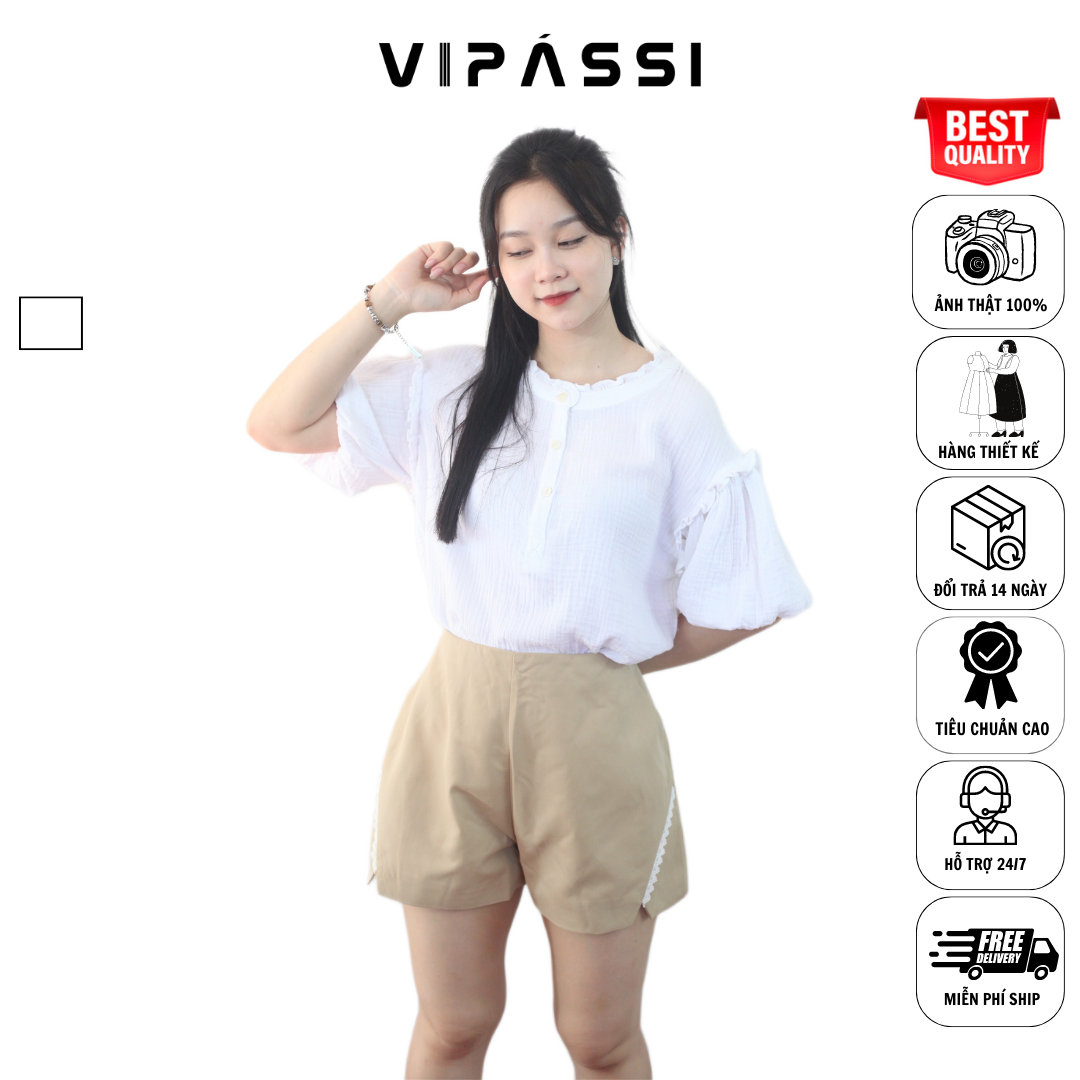 VIPÁSSI Áo Baby Cotton Cổ Bèo Đính Nút Ngắn Tay Phòng Trắng