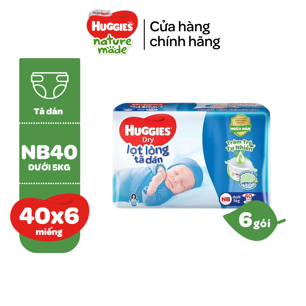 Thùng 6 gói Tã dán sơ sinh Tràm Trà Tự Nhiên Huggies NB40 (dưới 5kg) - Gói 40 miếng