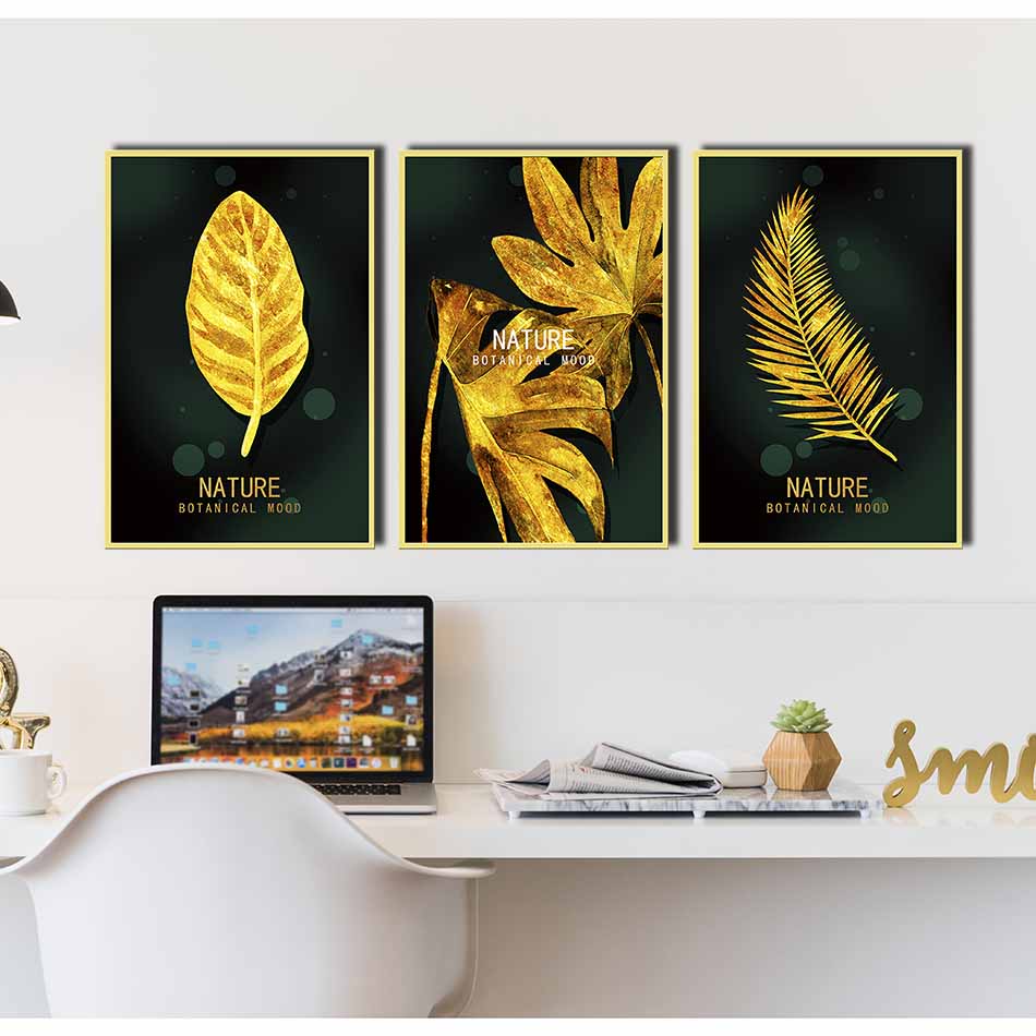 Bộ 3 tranh canvas treo tường Decor Họa tiết lá vàng cách điệu, phong cách hiện đại - DC027