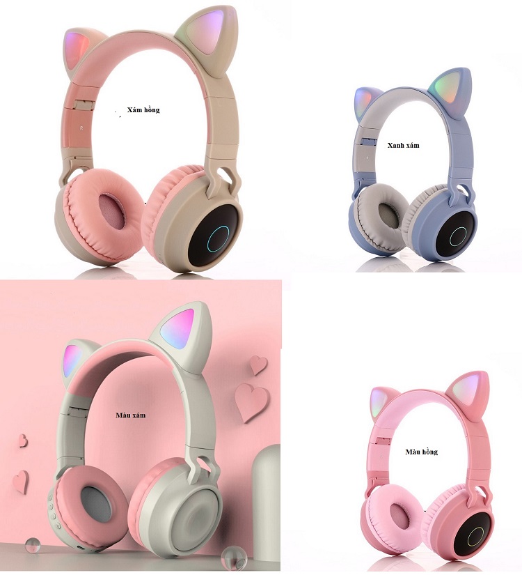Tai nghe Bluetooth tai mèo HQ_BT-28C đáng yêu có mic đàm thoại cao cấp, tai nghe mèo có đèn phát sáng cute tai nghe tai mèo thời trang, đáng yêu có thể sử dụng khi chơi các tựa game online