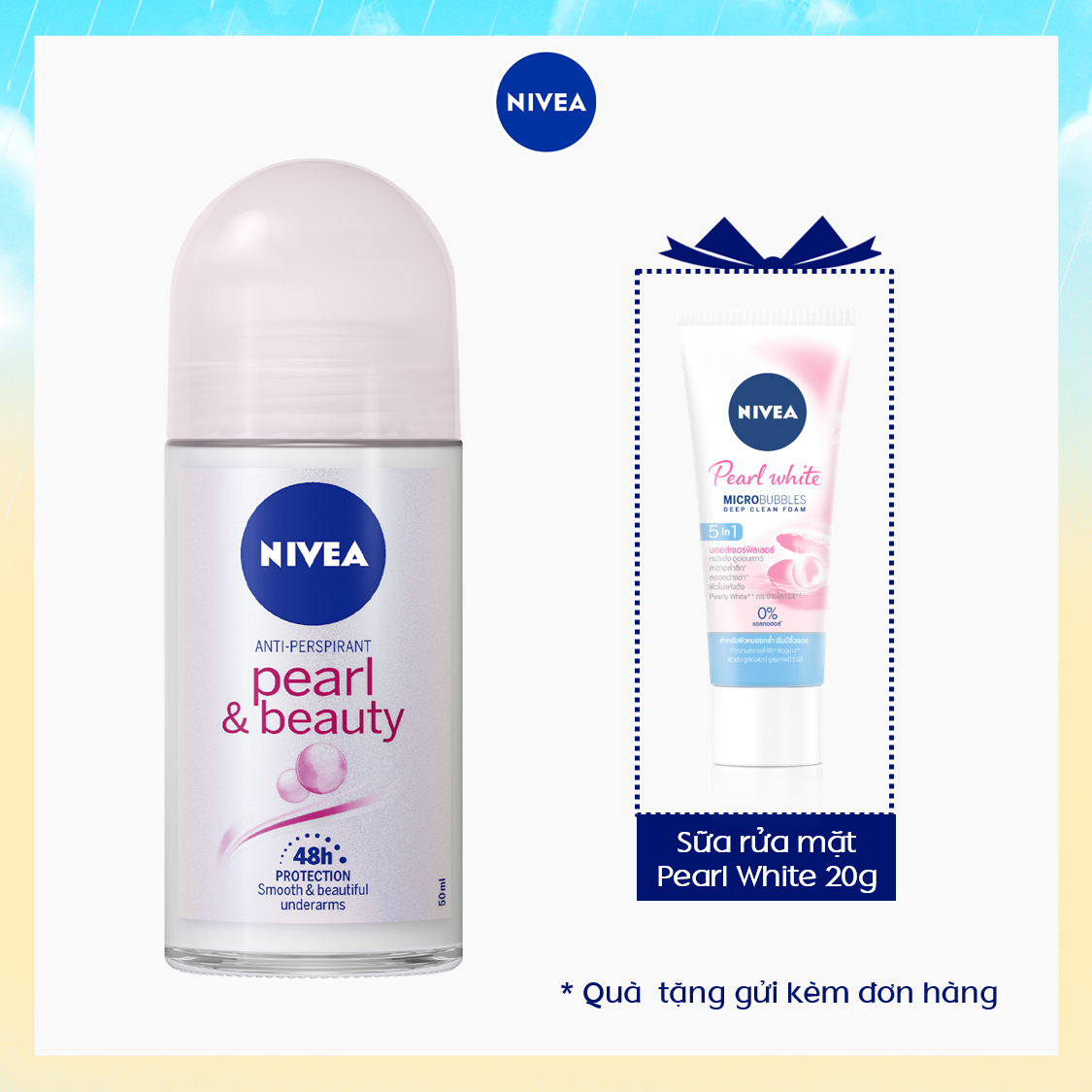 [Mua 1 tặng 1] Lăn Ngăn Mùi NIVEA Pearl &amp; Beauty Ngọc Trai Quyến Rũ (50ml) - 83735 -Tặng Sữa Rửa Mặt 20gr