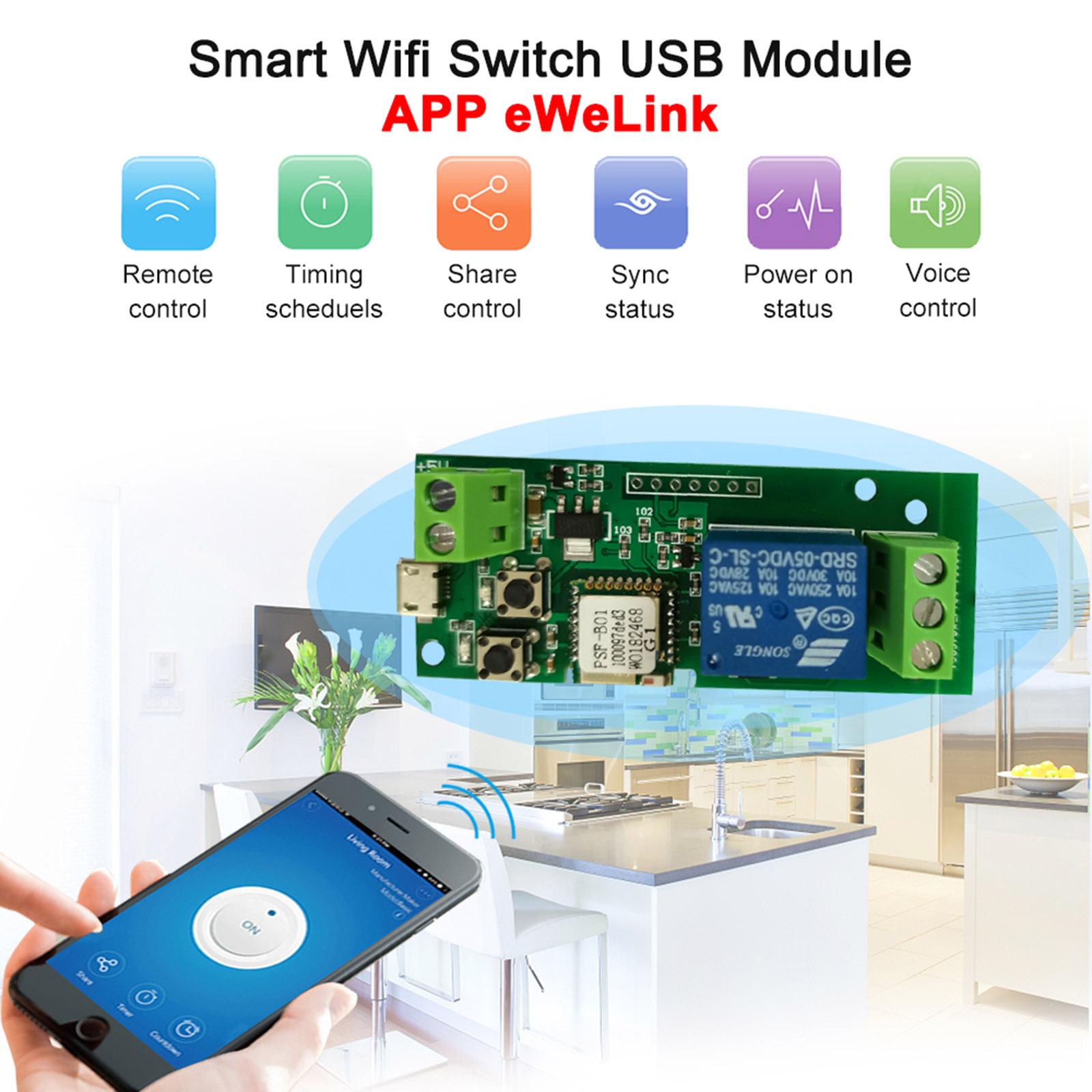EWeLink USB DC5V Wifi Switch Wireless Relay Module Smart Home Automation Modules Phone APP Remote Control Timer Switch Alexa Google Home Voice Control for Access Control System Inching/Self-Locking