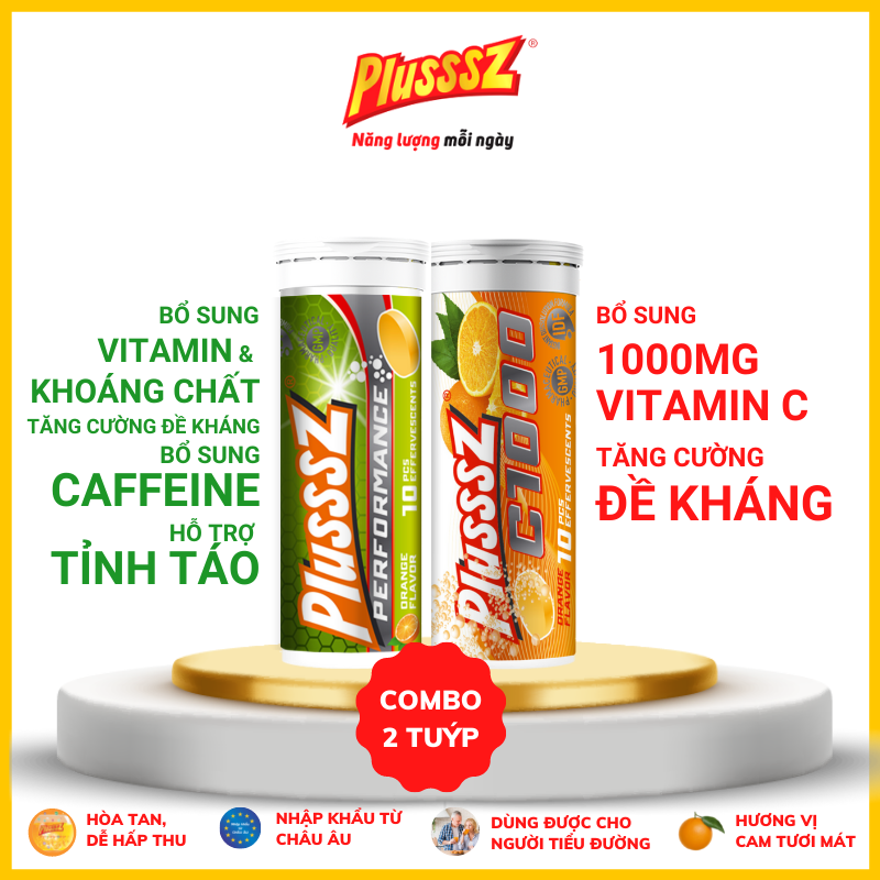 {COMBO 2 TUÝP} Viên sủi Plusssz C1000 bổ sung 1000mg vitamin C tăng đề kháng + Performance vị cam không đường cung cấp 13 vitamin, khoáng chất  và cafein từ Guarana vượt trội, hỗ trợ tăng cường sức đề kháng, giúp tỉnh táo kéo dài