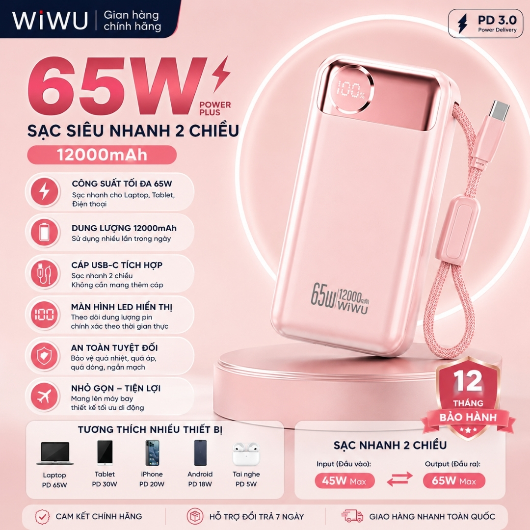 Pin sạc dự phòng PD 3.0 65W tích hợp dây sạc Type-C 12000Mah WIWU PowerPlus Sạc Nhanh cho iPhone Laptop MacBook Android - Màn hình hiển thị pin kỹ thuật số, Hệ thống bảo vệ đa tầng an toàn - hàng nhập khẩu