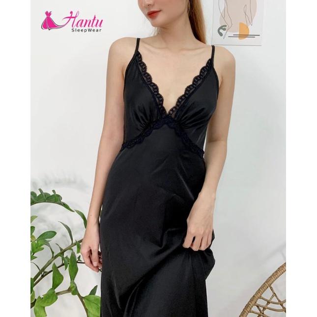 Váy ngủ lụa 2 dây dáng dài qua gối mặc nhà ,đi chơi sang trọng tặng kèm chip ren gợi cảm