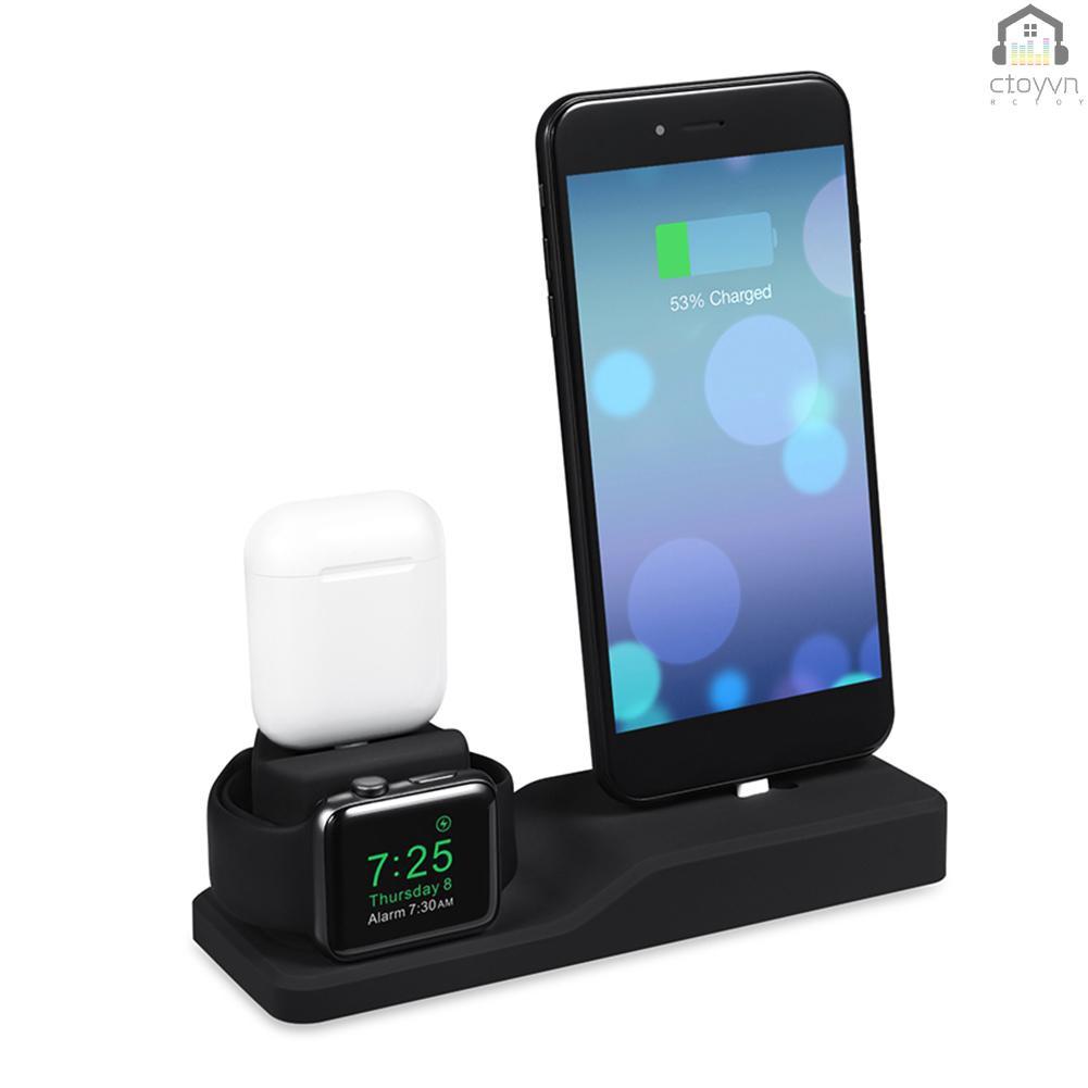 Đế sạc 3 trong 1 bằng silicon màu đen chất lượng cao tương thích cho Apple iPhone iWatch AirPods