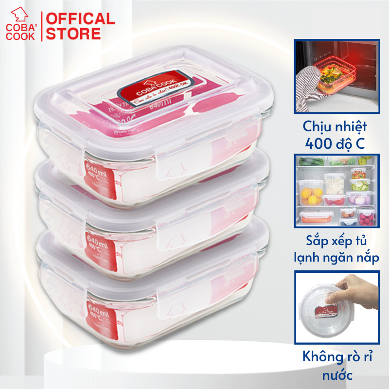 Bộ 3 hộp thủy tinh trữ thức ăn thực phẩm đựng cơm chịu nhiệt COBACOOK hộp chữ nhật dung tích 640ml -CCL63