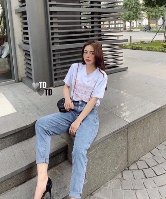 Quần baggy jeans trơn lưng cao nút bấm- ảnh thật shop chụp