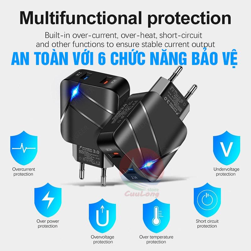 Củ Sạc Nhanh 18W QC 3.0 Có 2 Cổng Sạc Kép Đèn Led Phát Sáng cục sạc nhanh điện thoại