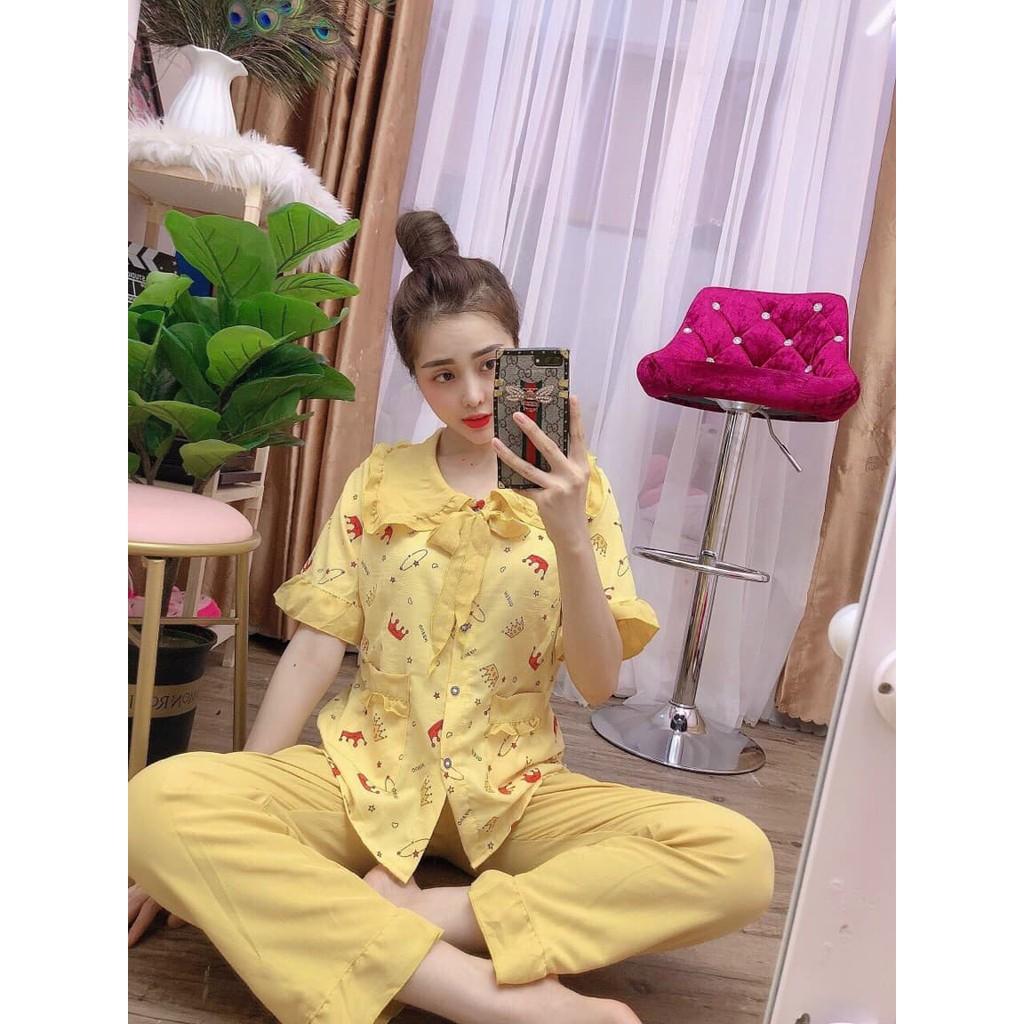 Bộ pijama đũi xốp tiểu thư cổ bèo, quần dài tay ngắn, 40 đến 59kg