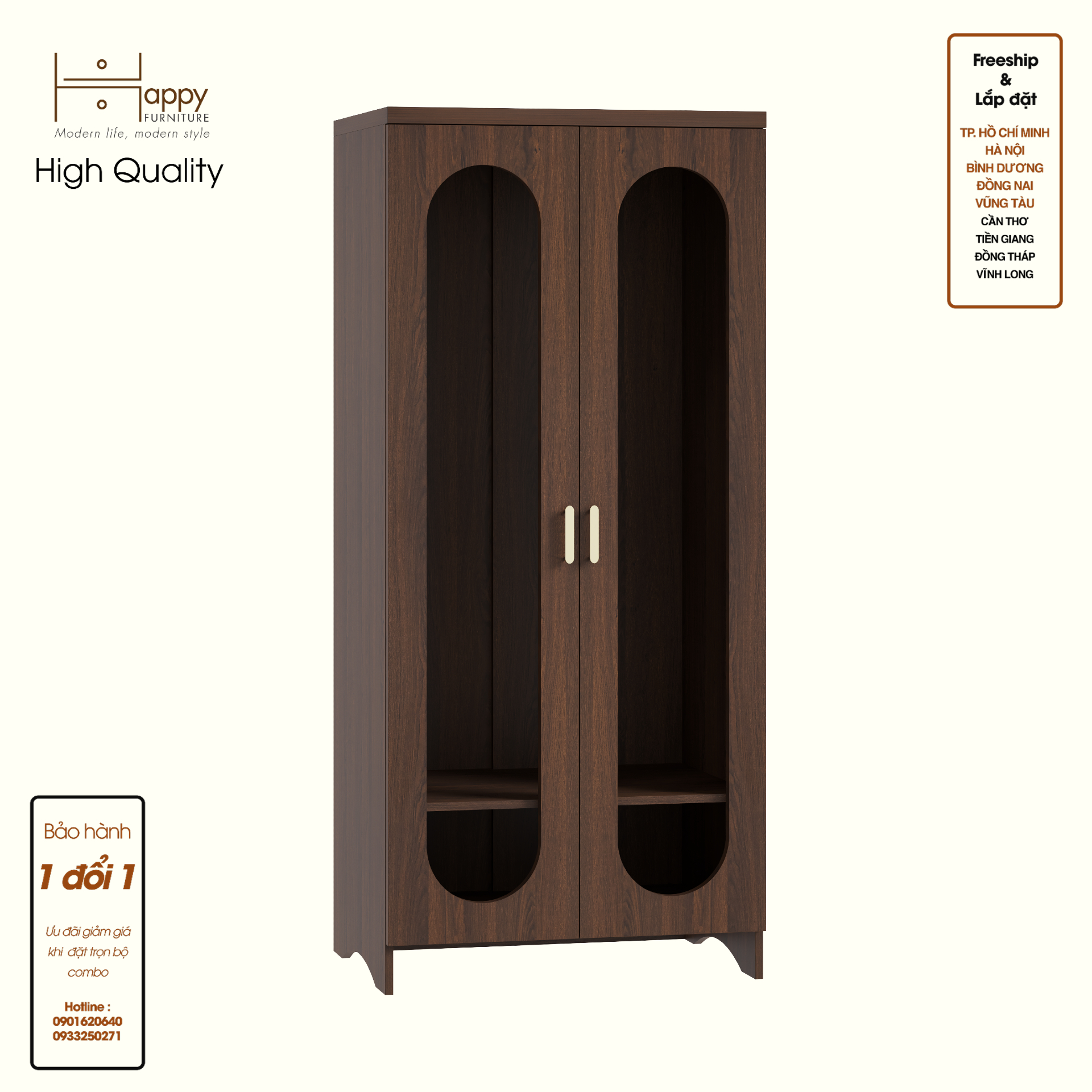 HAPPY FURNITURE , Tủ quần áo 2 cửa kính - CHEVY, TCM_228 , 80cm x 59cm x 180cm DxRxC