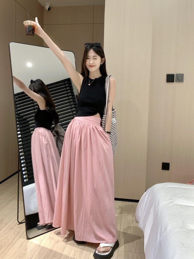 SHUANGYAN Váy cao eo nửa người kiểu Pháp, váy lê mùa hè, dáng người lớn, dịu dàng, gầy gò, váy chữ A dài.