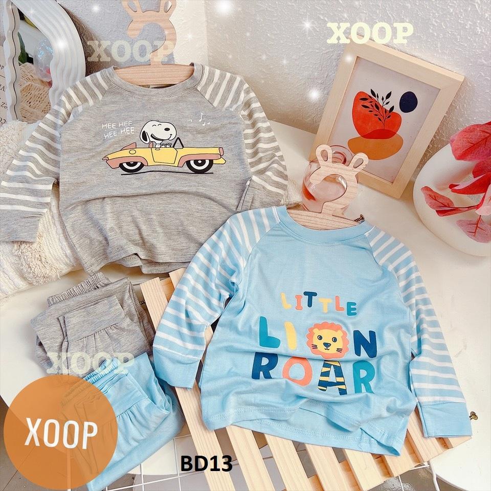 Bộ dài tay chất thun lạnh- Bộ dài tay xoop kẻ cánh tay in họa tiết ô tô - bus cho bé BD13
