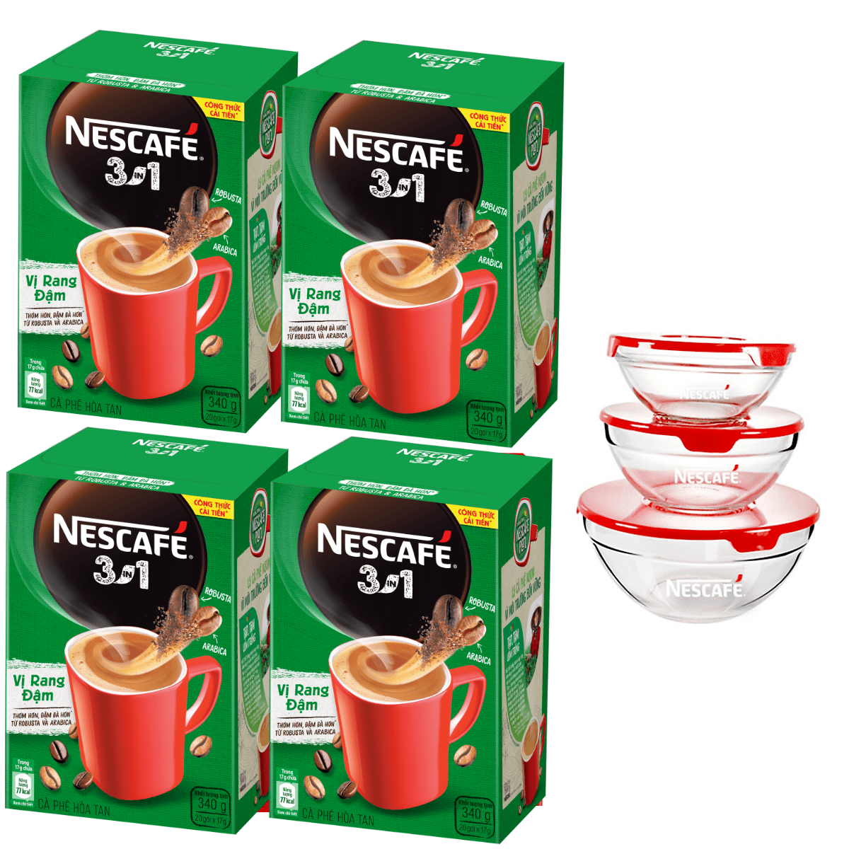 Combo 4 hộp cà phê rang xay hòa tan Nescafé 3in1 Vị Rang Đậm  (Hộp 20 gói x 17g) [Bộ 3 thố thủy tinh Nescafe]