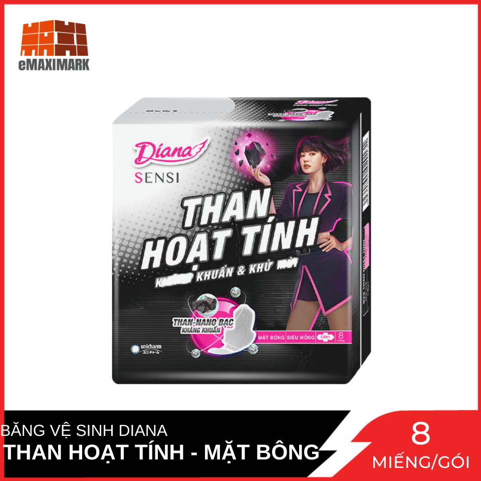 Băng Vệ Sinh Diana Than Hoạt Tính mặt bông siêu thấm siêu mỏng cánh Gói 8 miếng