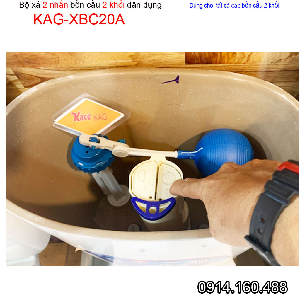 Bộ xả bồn cầu 2 nút nhấn cho bồn 2 khối KAG-XBC20A nhựa 100%, RUột thùng nước xi bệt két rời Nhấn êm xả nước sạch