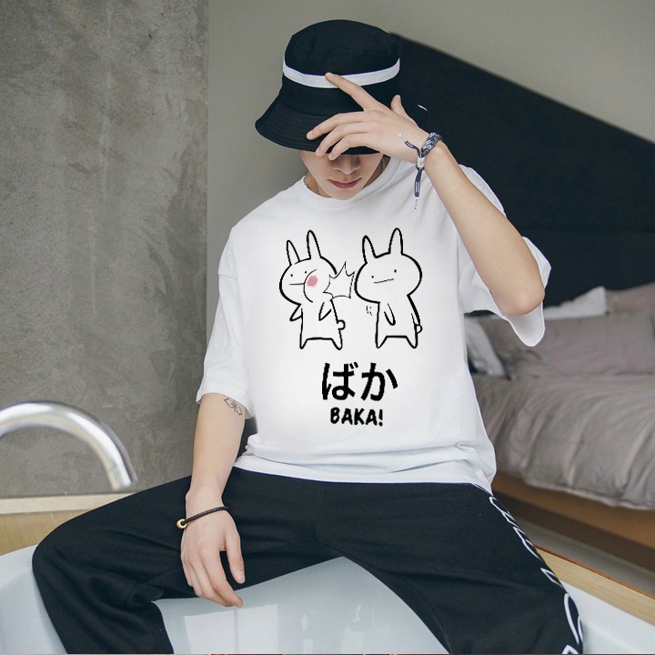 Áo thun nam in nhiệt BAKA ăn tát tay lỡ dễ thương, Áo thun tay lỡ UNISEX Nam Nữ form rộng