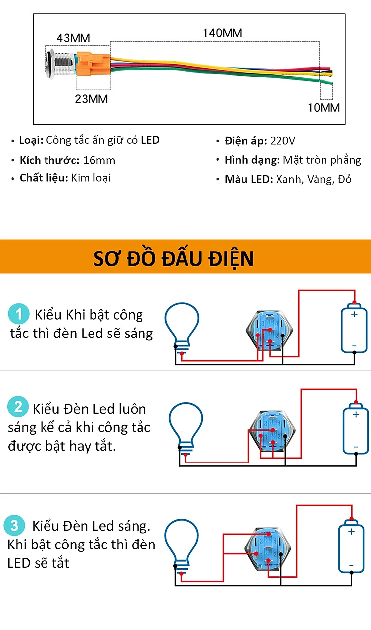 Nút công tắc nguồn nhấn Tự Khóa 16mm (3-6V, 12-24V, 110-220V)  Vỏ INOX chống nước, Biểu tượng Nguồn LED