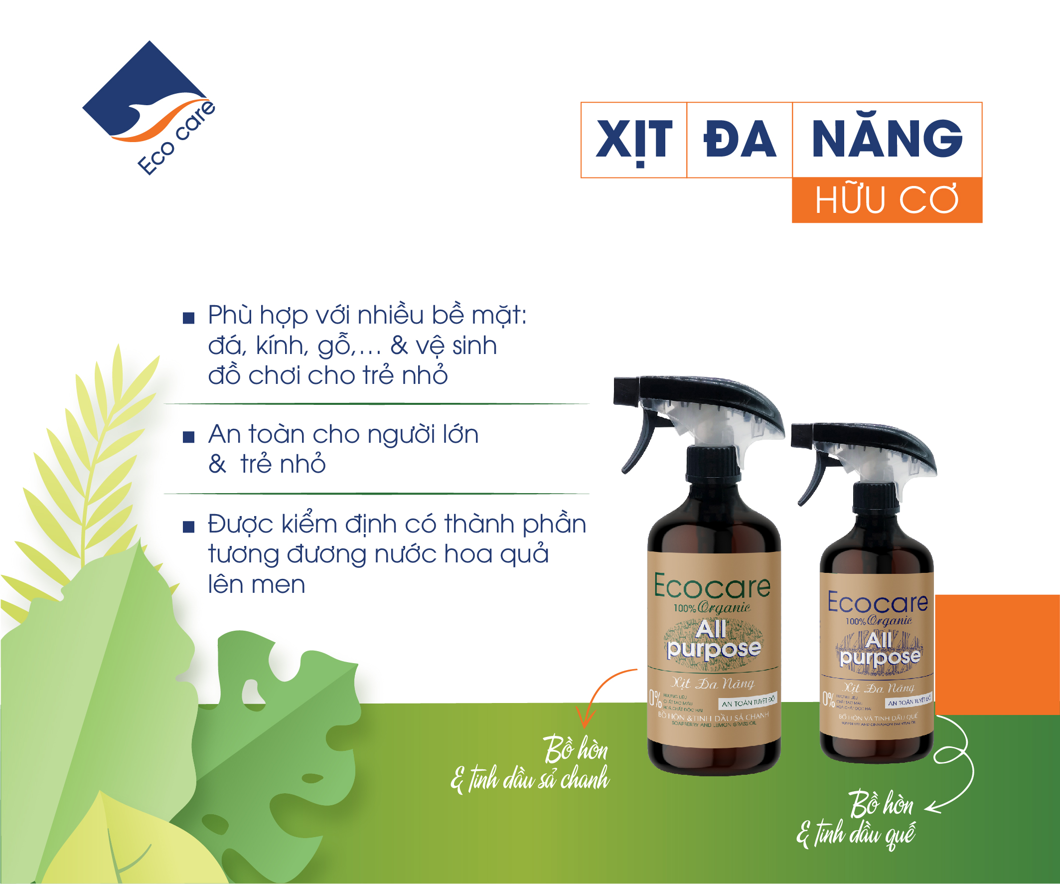 Xịt Chùi Rửa Đa Năng Bồ Hòn Hữu Cơ ECOCARE - Chai 4000ml - Diệt khuẩn, khử mùi, mọi chất liệu, đậm đặc hơn