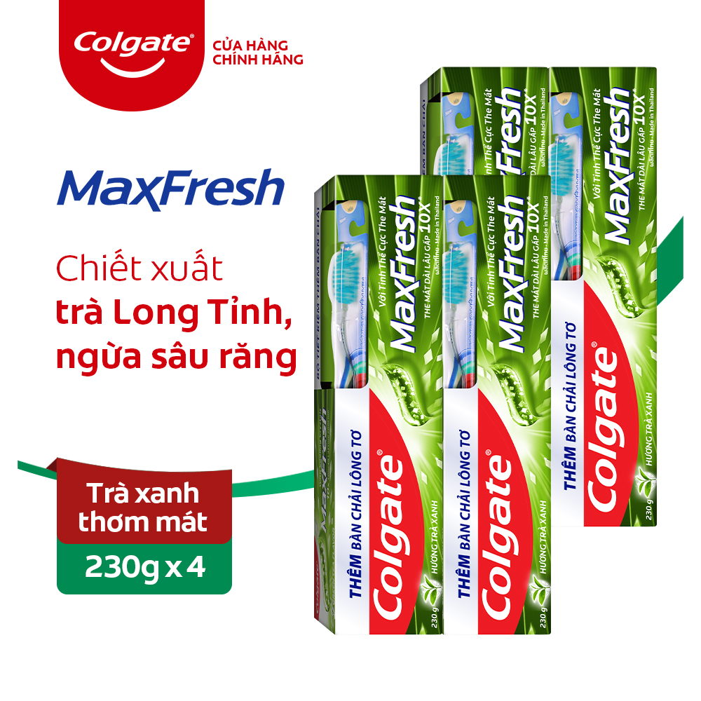 Bộ 4 Kem đánh răng Colgate Trà Xanh the mát Maxfresh 230g/tuýp tặng bàn chải đánh răng lông tơ cao cấp